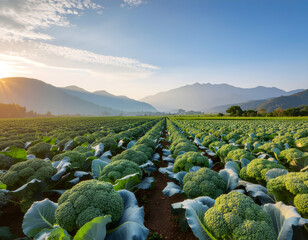 Fototapeta premium Rows of broccoli plants stretch across a field towards distant mountains under a clear blue sky at sunrise.