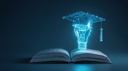 A glowing light bulb with a graduation cap emerges from an open book, symbolizing education, creativity, and innovation in a digital age.