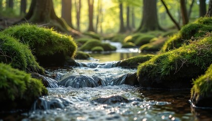 Tranquil forest scene with clear rill flowing over moss-covered stones. Sunlight filters through green trees, illuminating water, rich ground cover. Peaceful nature ambiance, perfect for themes of