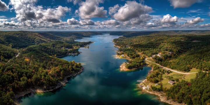 Missouri Lake Aerial View: Serene Beauty of Bull Shoals Lake in Branson