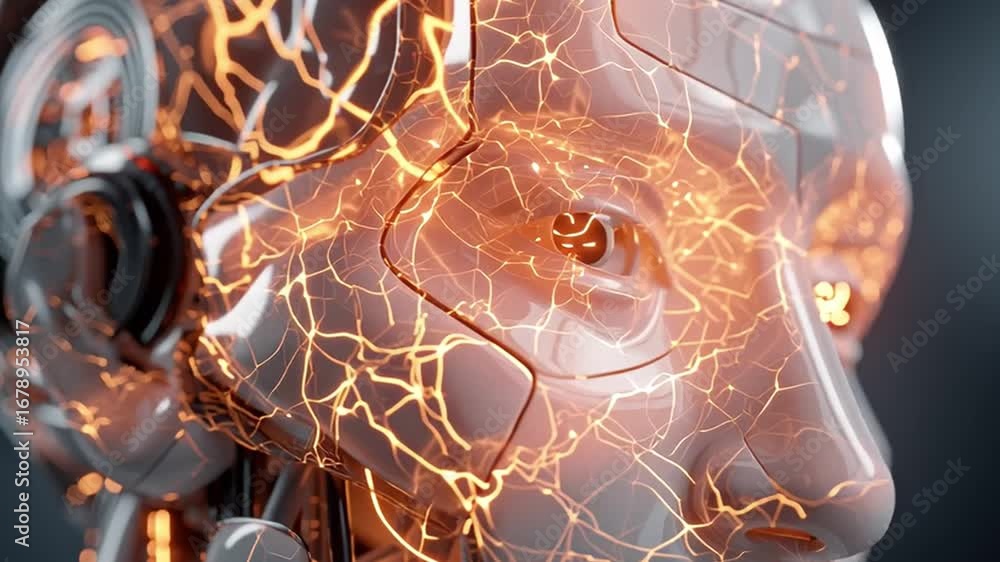 Poster a futuristic robot head showcases intricate details of advanced neurochips and glowing digital pathw