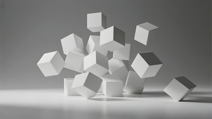 White Cubes Suspended in Mid-Air Against a Neutral Background