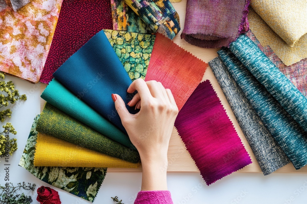 Poster a hand selects from a vibrant array of fabric swatches, showcasing diverse textures and colors for d