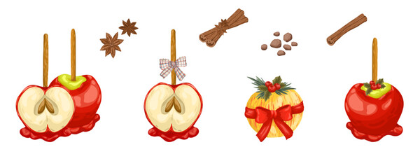A collection of hand-drawn vector elements: delicious caramel apples, cinnamon sticks, and star anise. A perfect addition for your cozy winter and holiday designs