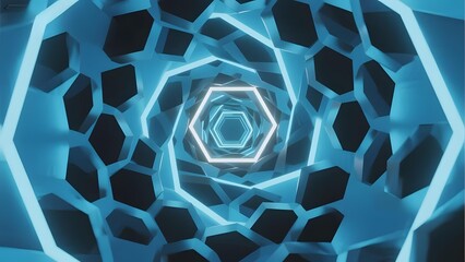 Hexagonal Tunnel with Blue Neon Lighting