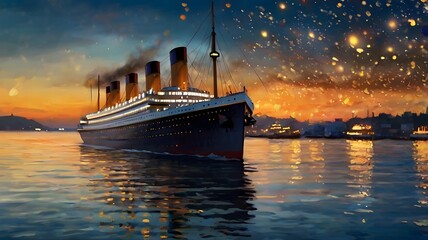 Historic ocean liner at sunset