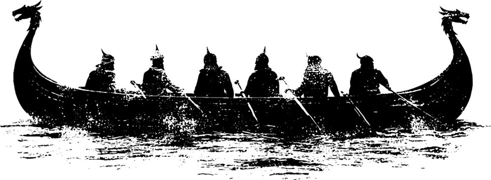 Black and white viking ship stencil illustration for art and design projects