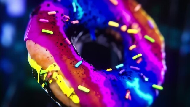 Close-up of a vibrant, colorful donut with neon sprinkles