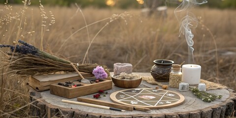 Ceremonial setup for nature-inspired rituals with herbs, candles, and symbols during golden hour in a tranquil field ai, nature, ritual, herbs, incense, candles, spiritual, magic esotericism