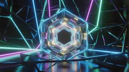 Hexagonal Neon Tunnel with Reflective Surfaces and Geometric Patterns