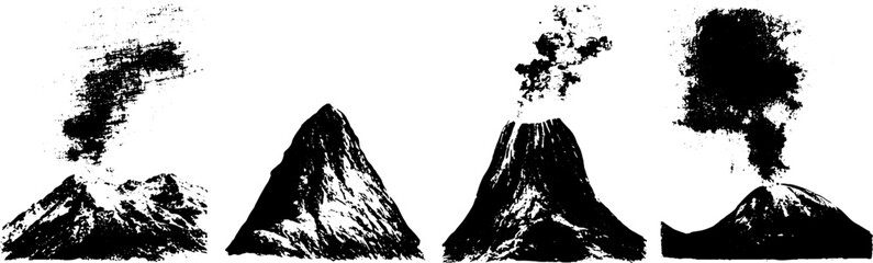 Black and white volcano silhouette set for urban design and poster art