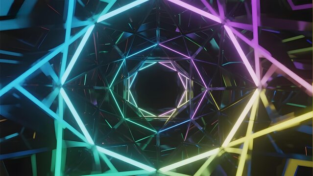 Vibrant Neon Geometric Tunnel with Intersecting Lines - Powered by Adobe