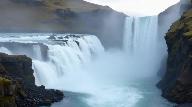 Dettifoss waterfall in Iceland cascades with immense force into a mist filled canyon, surrounded