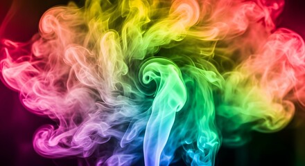 Fototapeta premium A vibrant swirl of rainbow-colored smoke against a dark background, creating an abstract and energetic visual.