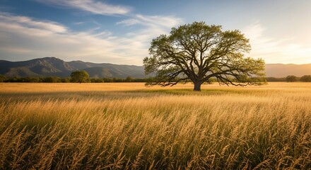 Fototapeta premium Solitary Tree in Golden Wheat Field Landscape.