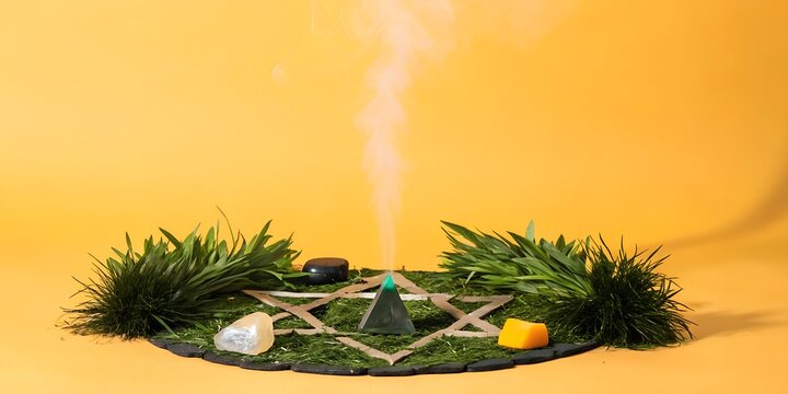 Vibrant altar setup with natural elements and smoke rising on a yellow background ai, altar, natural, elements, magic esotericism, plants, crystals, mystical, yellow, spiritual, arrangement, meditatio