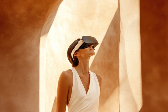 Woman in white dress experiencing virtual reality outdoors in a sunlit architectural setting. - Powered by Adobe