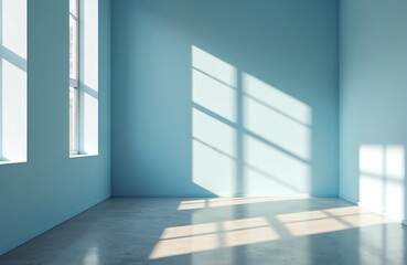 Fototapeta premium Minimalist interior room features light blue walls, concrete floor. Sunlight streams through windows, casting geometric shadows creating calm ambience. Clean lines, open space offer modern, simple