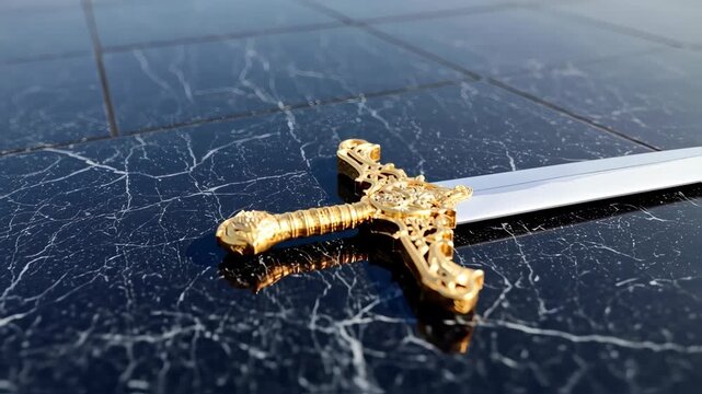 Ornate gold sword on dark patterned surface