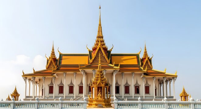 Grand Golden Roofs and White Columns of Cambodia's Royal Palace Silver Pagoda Under a Clear Sky.