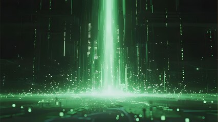 Green Digital Data Stream Illuminating a Futuristic Cityscape