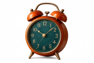 Vintage orange alarm clock featuring green dial, gold hands/numerals, highlighting precision timekeeping against transparent backdrop