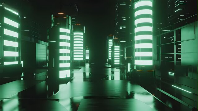 Futuristic Cityscape with Glowing Vertical Structures