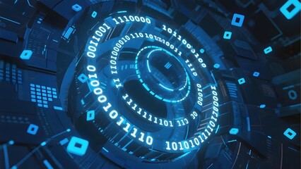 Digital binary code spirals within a futuristic, illuminated circular interface