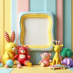 Obraz premium Whimsical 3D children playroom setting with plush toys like teddy bears, bunny, giraffe, elephant around blank frame. Soft pastel colors, playful decor create inviting, imaginative atmosphere ideal