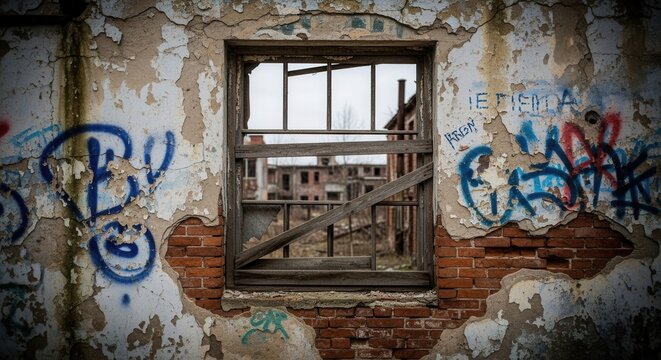 Abandoned Building Window with Graffiti: A Glimpse into Decay and Urban Art Exploration - Powered by Adobe