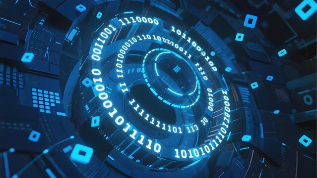 Digital binary code spirals within a futuristic, illuminated circular interface