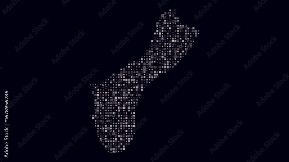 Poster guam map animation. shape of the country with pulsating colored dots. small size square blocks. digi