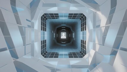 Futuristic Geometric Tunnel with Blue Lighting and Symmetrical Design