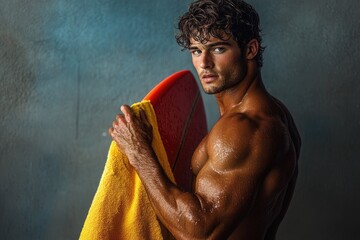 Muscular surfer drying off after a session, holding his surfboard and towel.