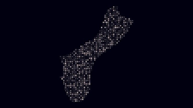 Guam map animation. Shape of the country with pulsating colored dots. Small size square blocks. Digital style Guam map on dark background. Artistic video.