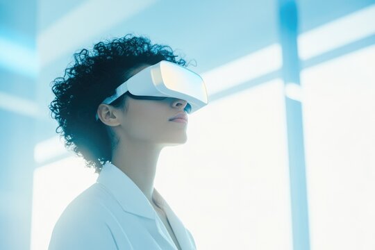A female scientist wearing a VR headset, exploring virtual worlds for research and development. - Powered by Adobe