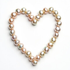 Obraz premium Heart shape formed by iridescent pearls on white background. Soft pastel colors with subtle glow, iridescence suggest luxury, elegance. Delicate pearl arrangement highlights sophistication,