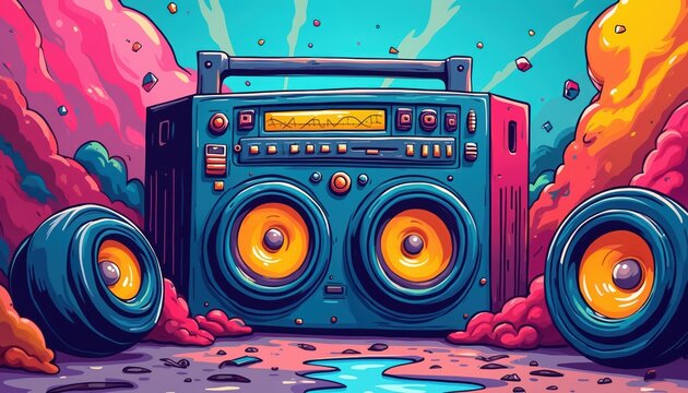 Vibrant illustration features retro boombox with dual speakers, surrounded by abstract, colorful shapes, vivid sky. Stylized cartoon art with graffiti, grunge elements, evoking fun music party