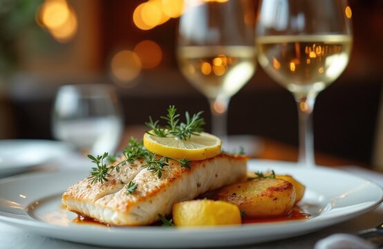 Elegant restaurant serves perfectly grilled fish fillet accompanied by white wine, offering refined, sophisticated dining experience. Dish highlights culinary excellence with premium ingredients,