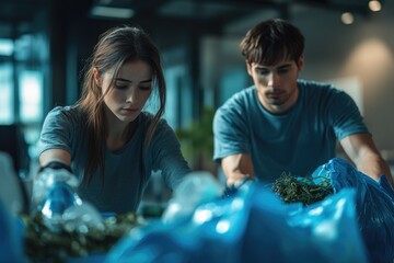 Two young volunteers diligently sort and categorize collected ocean plastic waste.