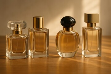 Elegant glass perfume bottles displayed.