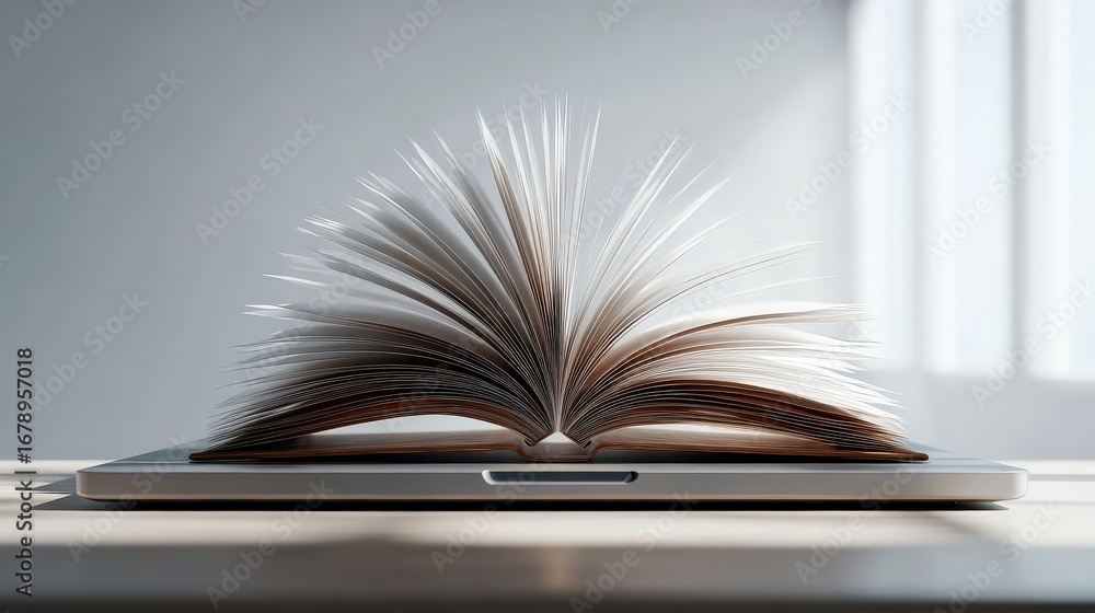 Poster a laptop with an open book resting on it, symbolizing the blend of technology and literature in a mo