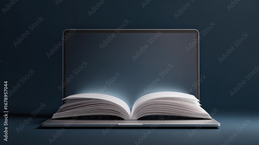 Poster a modern representation of a book displayed on a laptop, merging traditional reading with technology