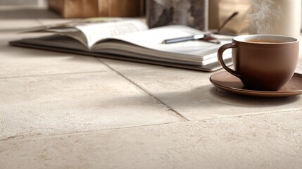Creamy neutral tiles mid-installation, clean layout with coffee and planner on side