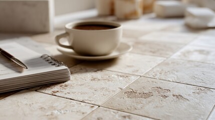 Creamy neutral tiles mid-installation, clean layout with coffee and planner on side