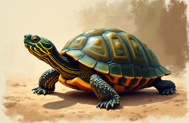 Fototapeta premium Painted illustration of turtle with vibrant colors, intricate shell detail. Features prominent green, yellow, black patterns on scaly skin, carapace. Turtle stands on sandy ground, captured in macro,