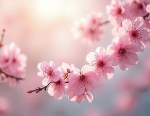 Naklejka premium Soft pink cherry blossoms adorn a branch, petals delicate and detailed. Spring flowers bloom in gentle sunlight, creating a beautiful natural pattern with blurred background.