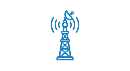 Blue Communication Tower Illustration with Satellite Dish and Radio Waves.