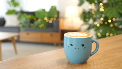 A light-blue mug with a happy face design holds a latte art coffee, set on a wooden table in a cozy living room.