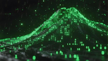 Binary Code Overlay on Mountain Landscape